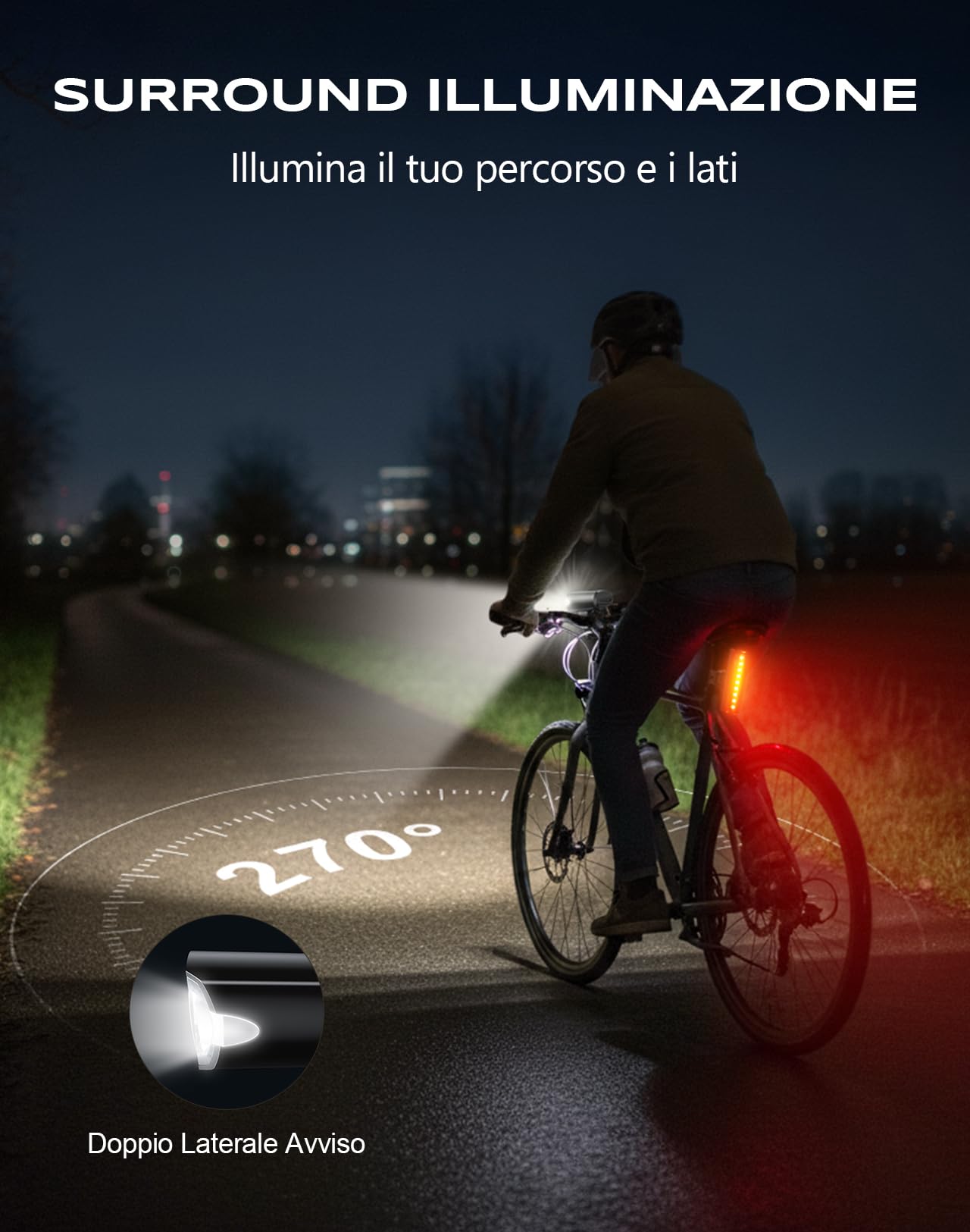CIRYCASE Luci Bicicletta LED 1200 Lumen, 2600mAh Luce Bici Ricaricabile USB Lunga Durata, 3+5 Modalità Luce Set Anteriore Posteriore Ciclismo Montagna, IP65 Impermeabile Auto Luci Avviso Emergenza