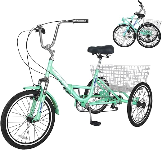 Adult Folding Tricycle 7-Speed, 20/24/26-Inch Three Wheel Cruiser Bike with Cargo Basket, Foldable Tricycle for Adults, Women, Men, Seniors Exercise Shopping