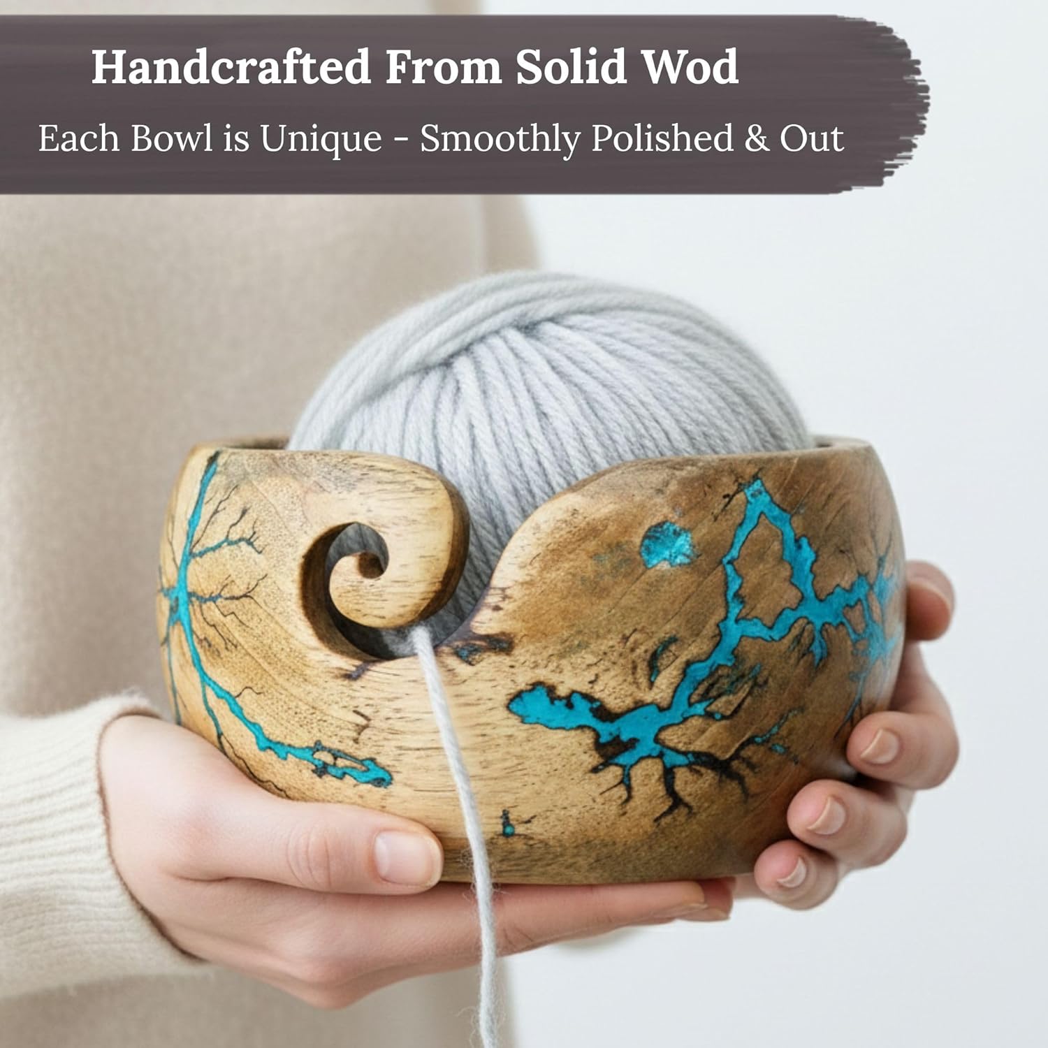 Lichtenberg Figure Yarn Bowl - Handmade Wooden Yarn Bowl for Knitting Yarn Ball Holder - Yarn Bowls with Holes Crochet Bowl Holder - Yarn Storage Bowl 7" x 4" inches (SB-Yarn Bowl)