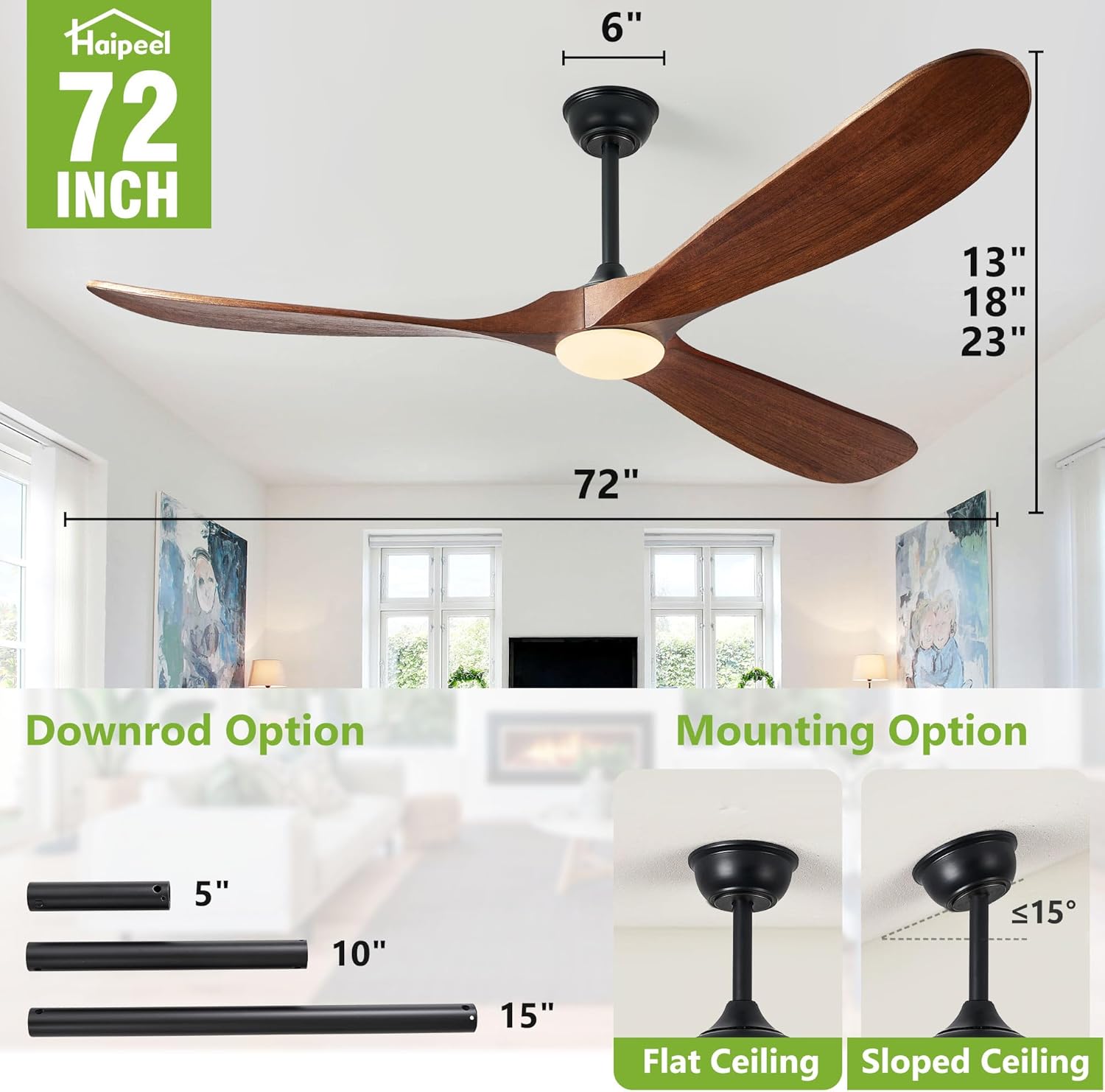 Haipeel 72 Inch Ceiling Fan + 24 Inch Downrod