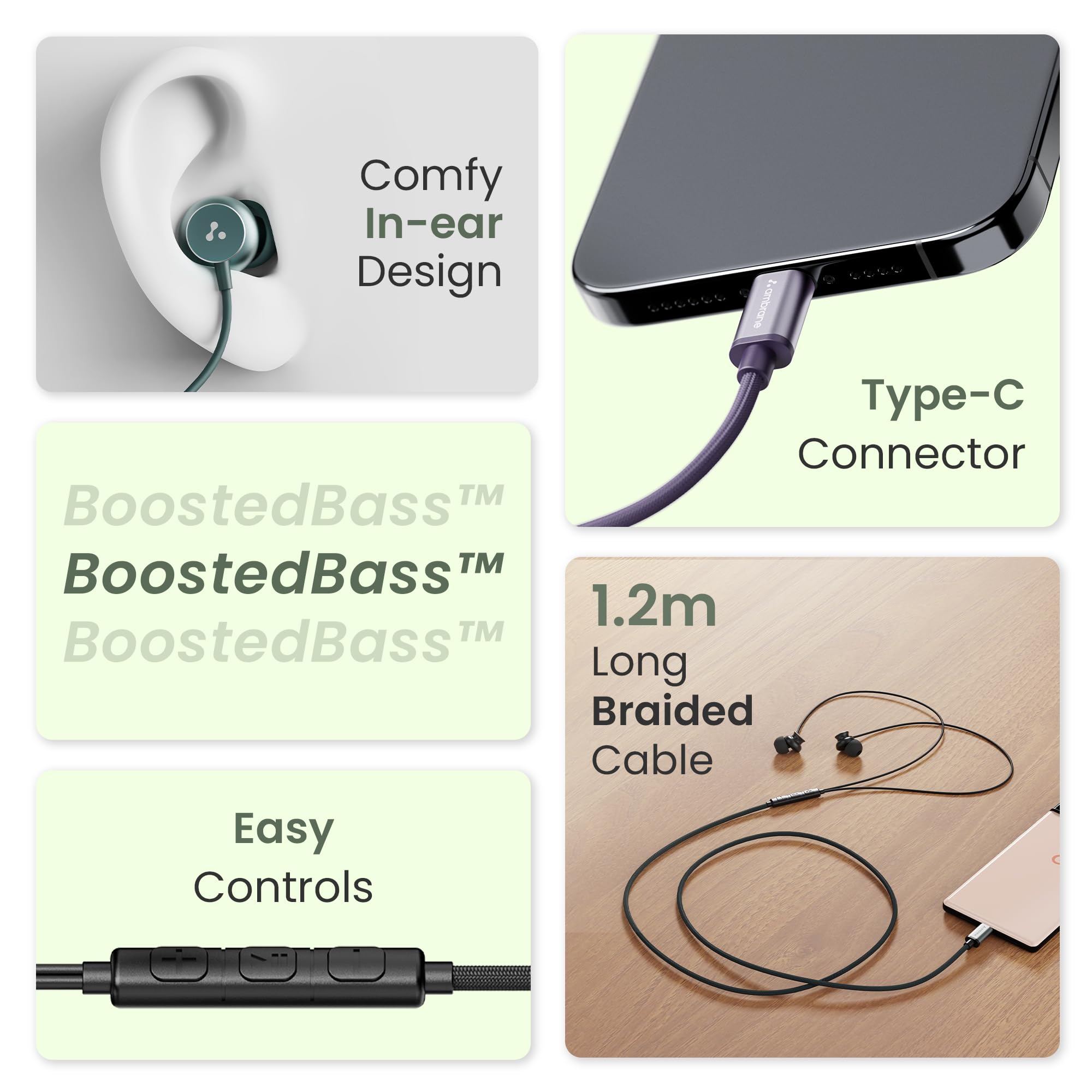 Ambrane Type C Wired in Ear Earphones with in-Line Mic for Clear Calling,1.2M Cable,10Mm Dynamic Drivers for Boostedbass,Control Buttons for iPhone 15,Samsung&Type C Devices (Stringz 38C, Purple) — Amazon image 2