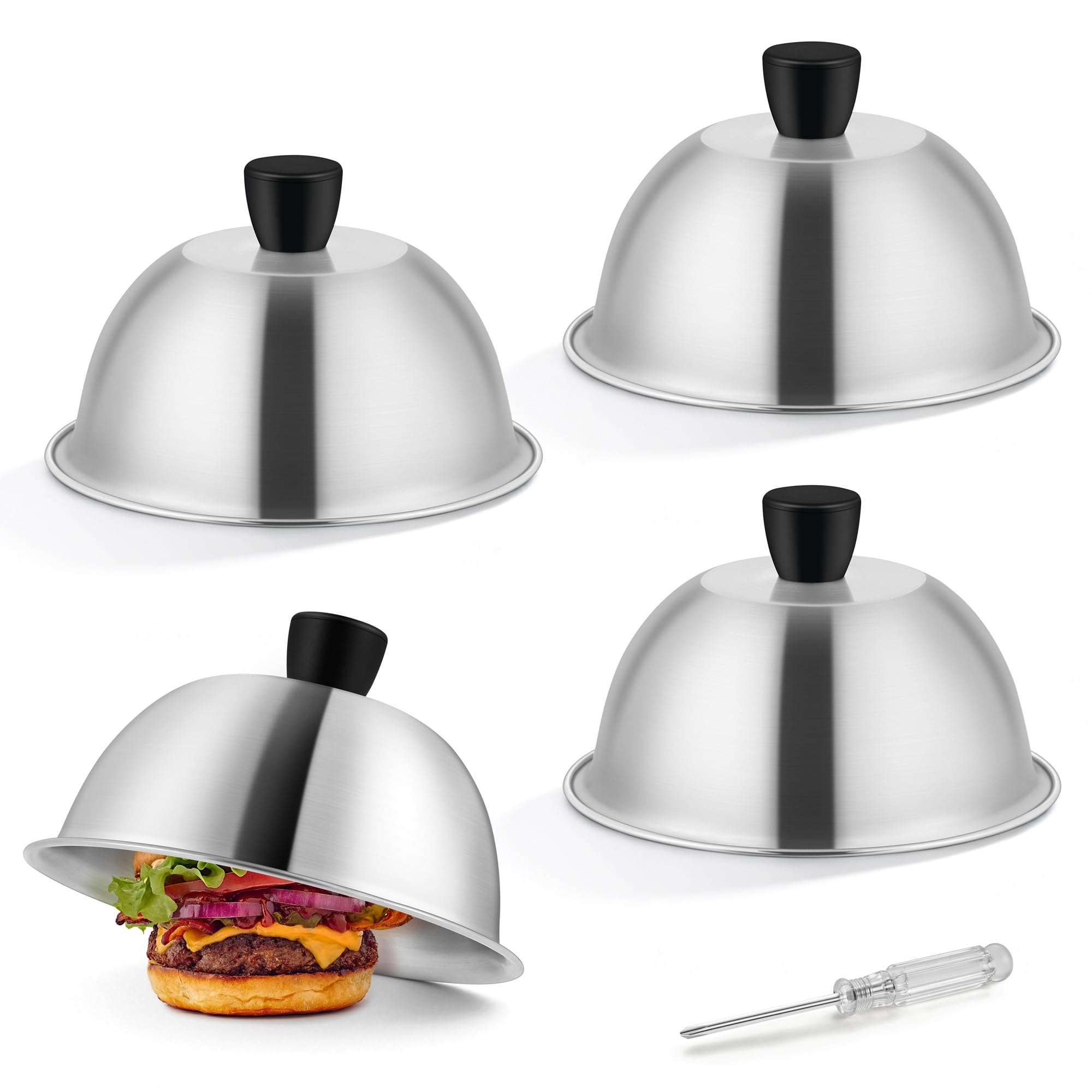 Herogo Cheese Melting Dome, 6 Inch Stainless Steel Round Steaming Cover Set of 4, Small Basting Cover with Heat Resistant Handle, Metal Burger Lid for Griddle BBQ Teppanyaki Cheese, Dishwasher Safe