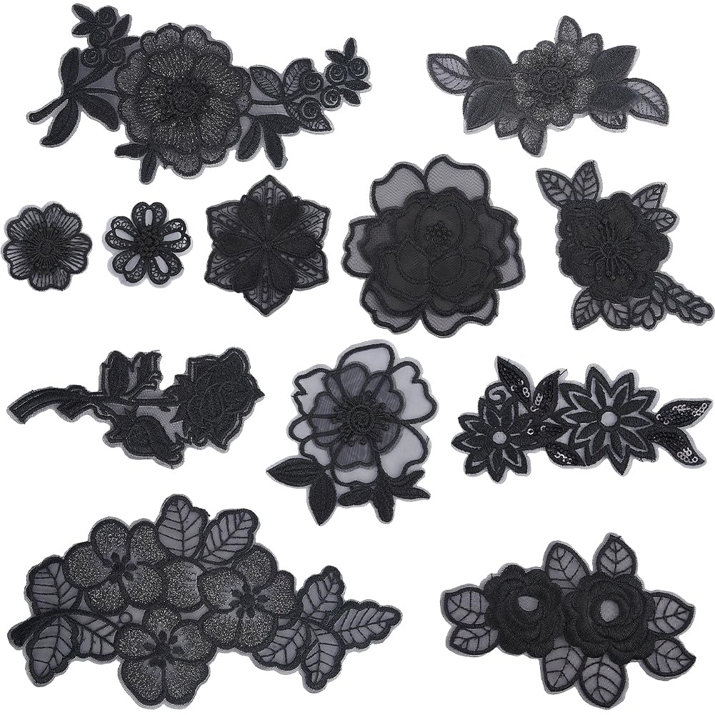 GORGECRAFT 12 Estilos 3D Parches de Flores Tela Bordado Floral Flor Coser Encaje Apliques para Boda Vestido de Novia Costura Reparación Decoración Ropa DIY Manualidades Negro
