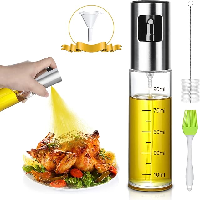 Eletorot Oil Spray Bottle, Oil Sprayer for Cooking- Kitchen Gadgets, Vinegar Oil Spray with Brush Portable, Olive Oil Dispenser Glass 100ml for Air Fryer Kitchen Cooking Salad Baking BBQ