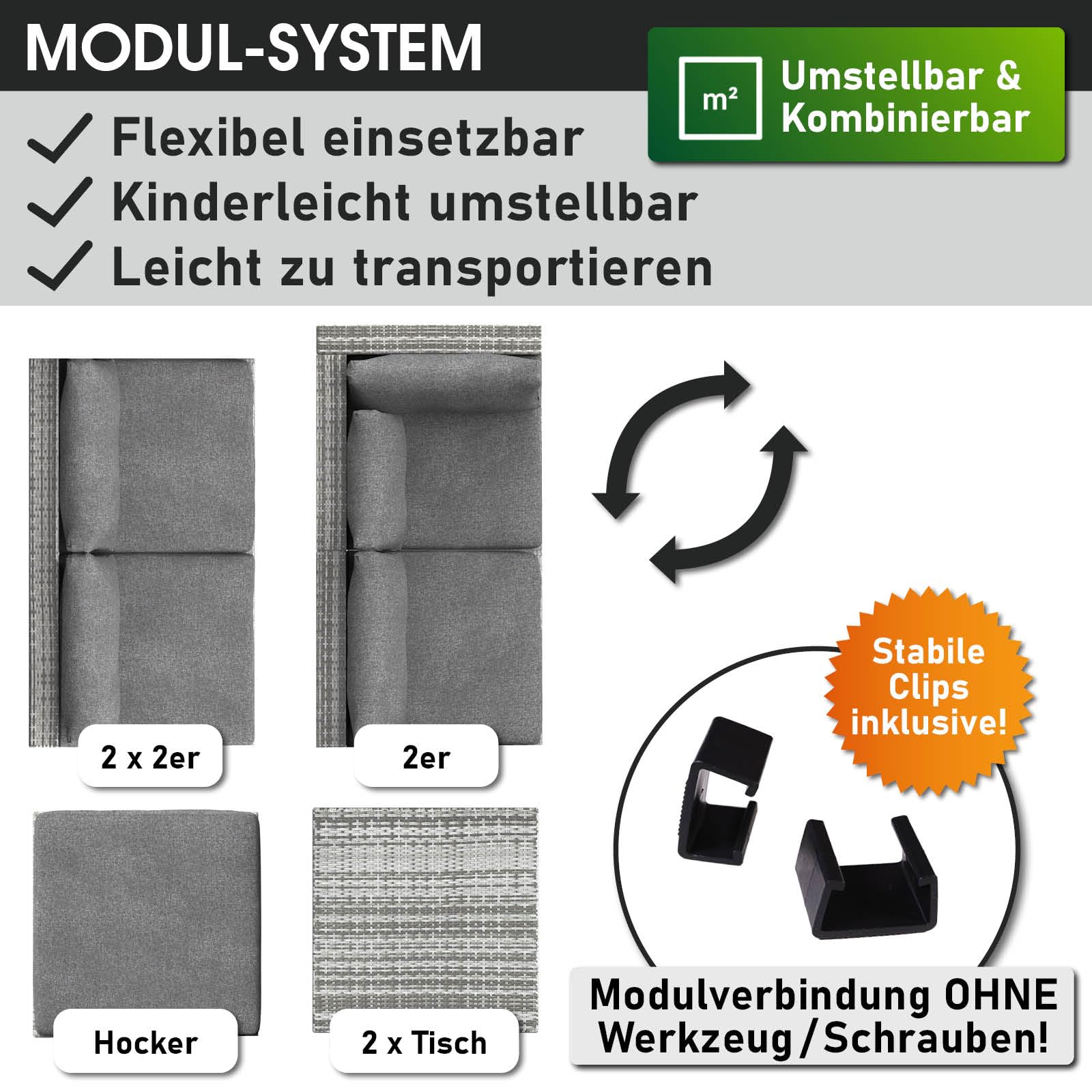 BRAST Gartenmöbel Lounge Set | 6-7 Personen viele Modelle & Farben | inkl. extra Dicke Kissen | Outdoor Loungemöbel Sitzgruppe Essgruppe Garnitur | Relax Grau