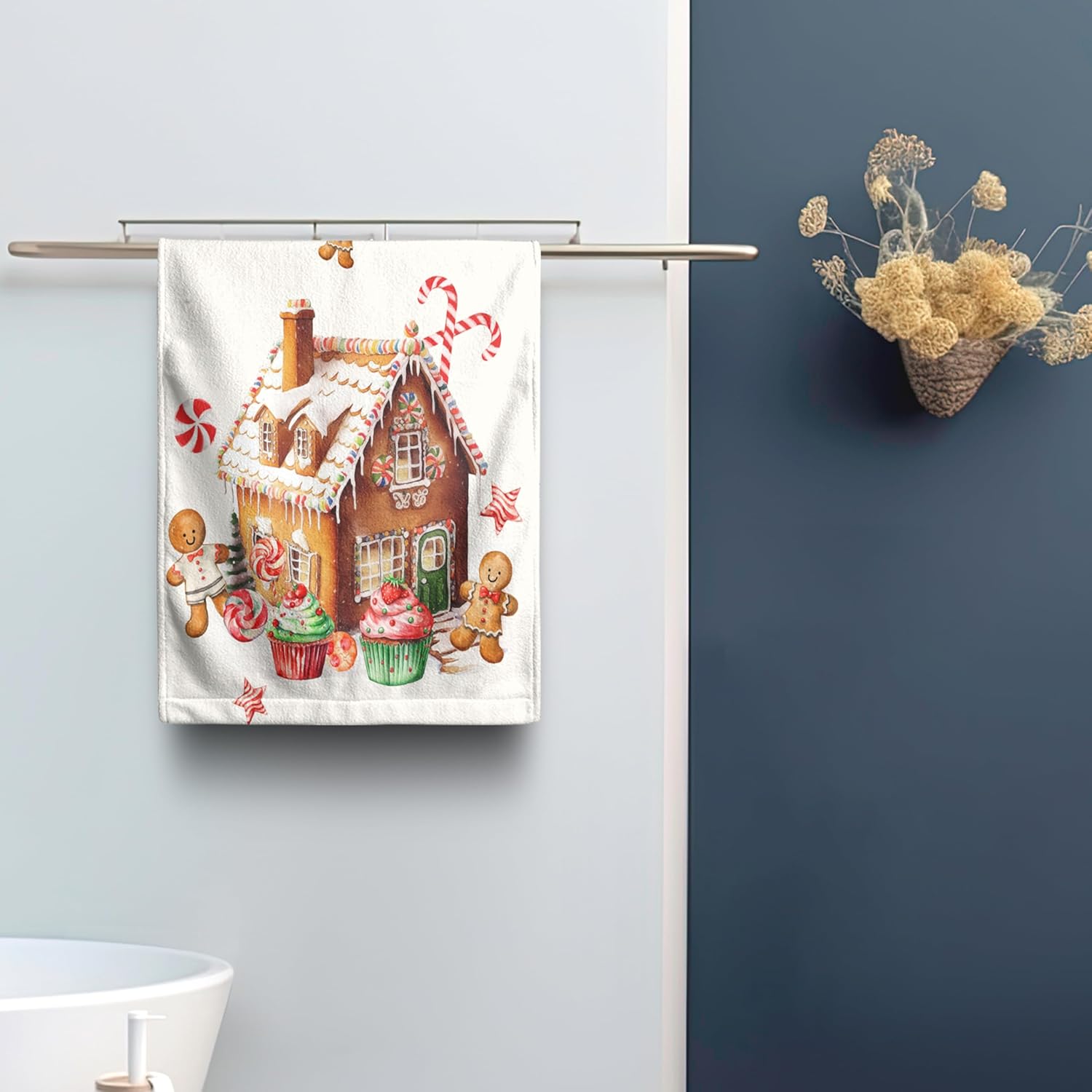 Christmas Gingerbread House with Cookies Cupcakes Candy Cane Towels Set of 2 Xmas Gingerbread Man Hand Towels 14.4x28.3 Kitchen Towels Face Fingertip Towels for Bathroom Kitchen Hotel - Image 5