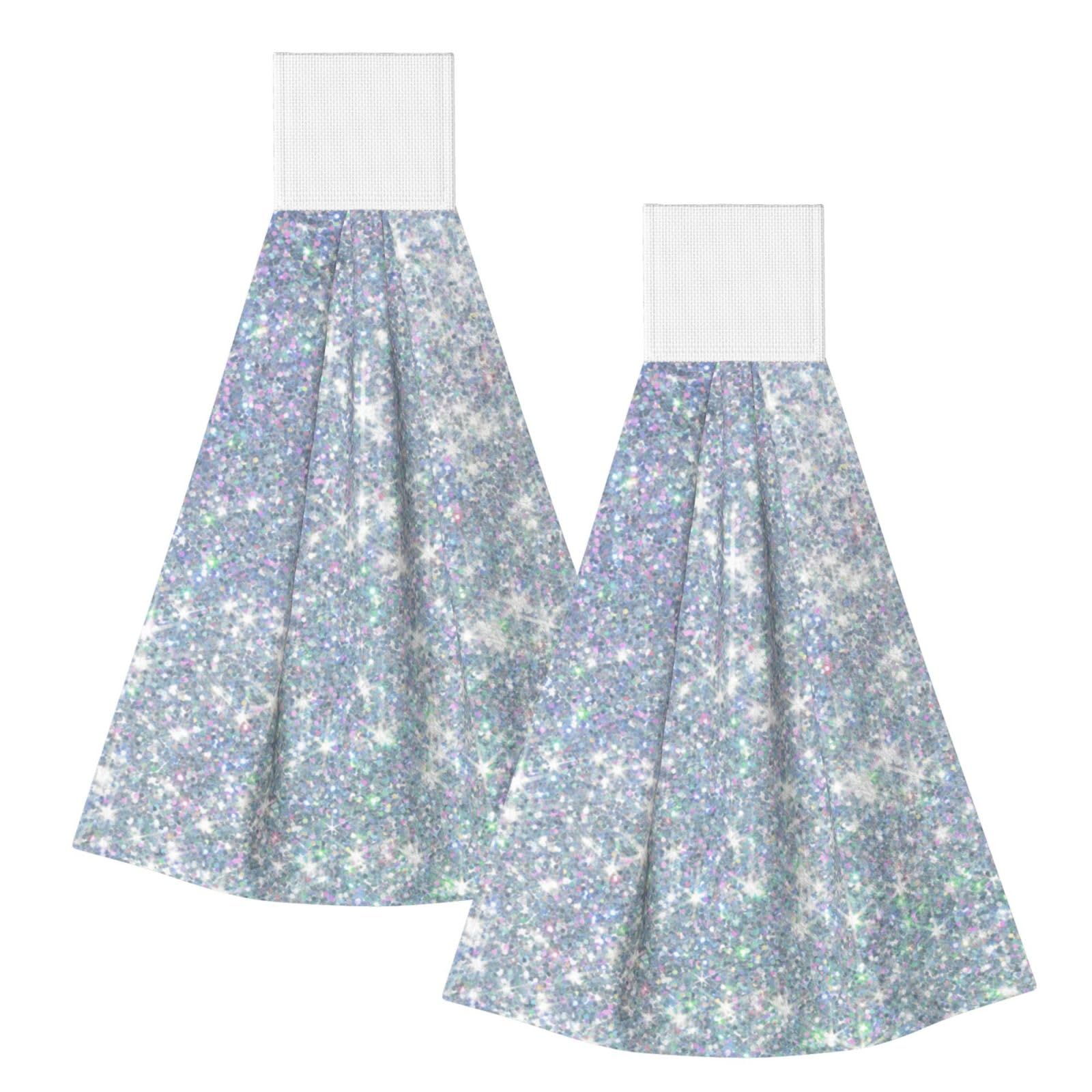 DOPKLNA Bling Silver Printed Glitter, 2 Pcs Hanging Coral Fiber Hand Towels for Bathroom, Absorbent Kitchen Towels