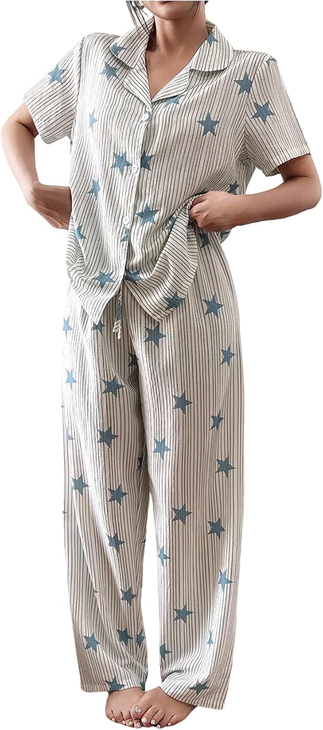 Verdusa Women's Star Print Striped Lounge Sets Notch Collar Button Down Pajama with Wide Leg Pants Pj Sets