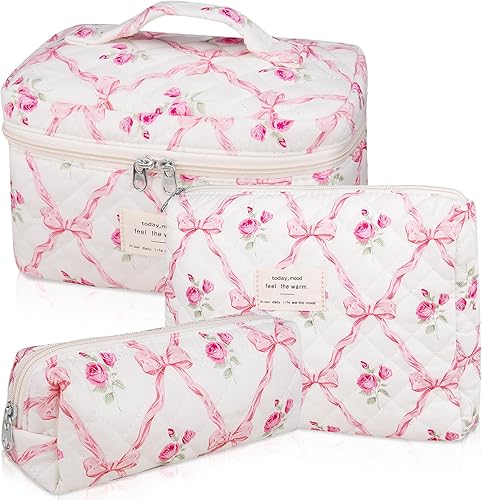 Miniatura 14 de Set de bolsas de maquillaje, bolsa de maquillaje acolchada, bolsa de cosméticos floral grande para mujeres, lindas bolsas de maquillaje de algodón,