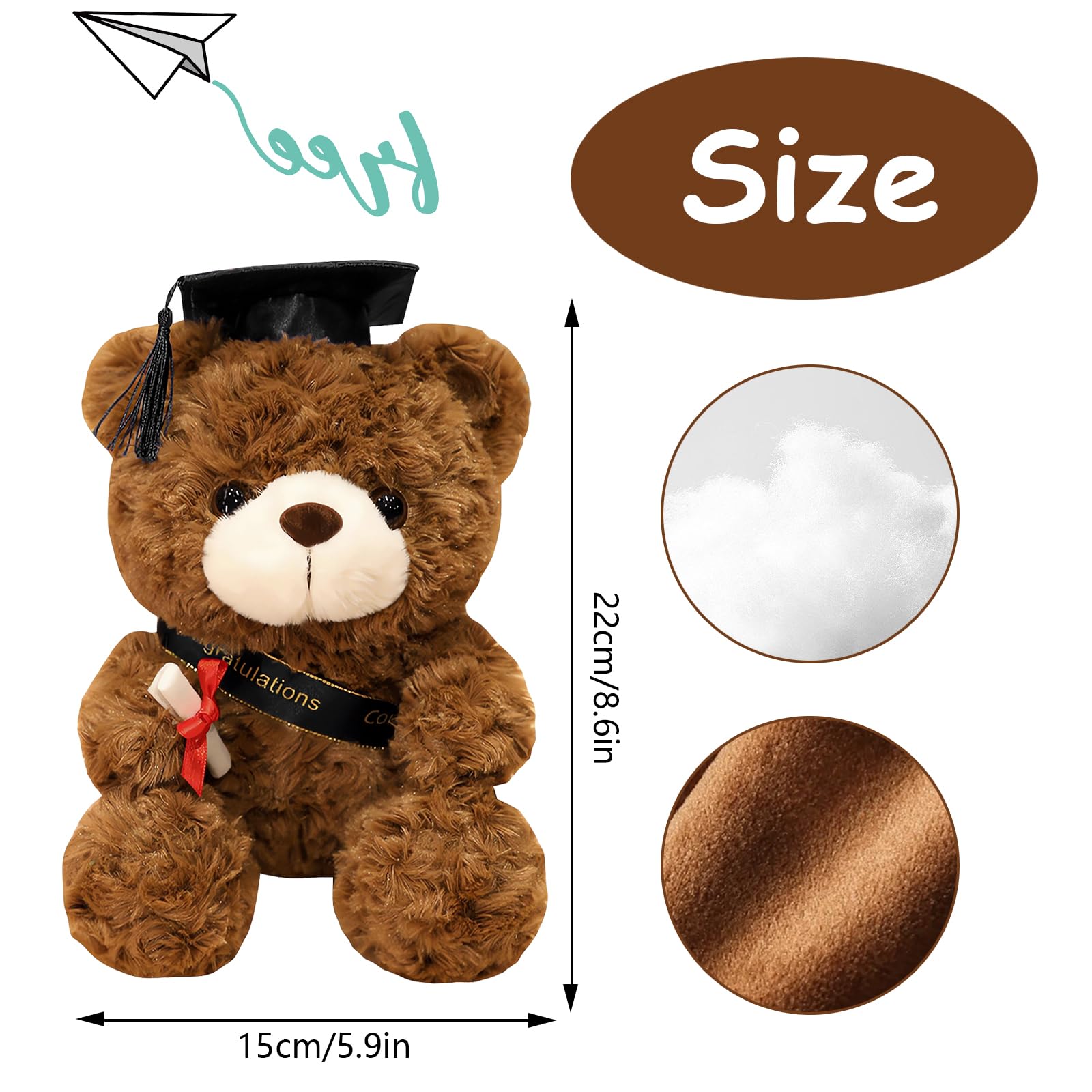 FGen 23 cm Peluche Personalizado, Oso de graduación 2024, Oso de Peluche con Diploma y Sombrero de médico, graduación Oso para niñas y niños (Sombrero Negro, marrón Oscuro)