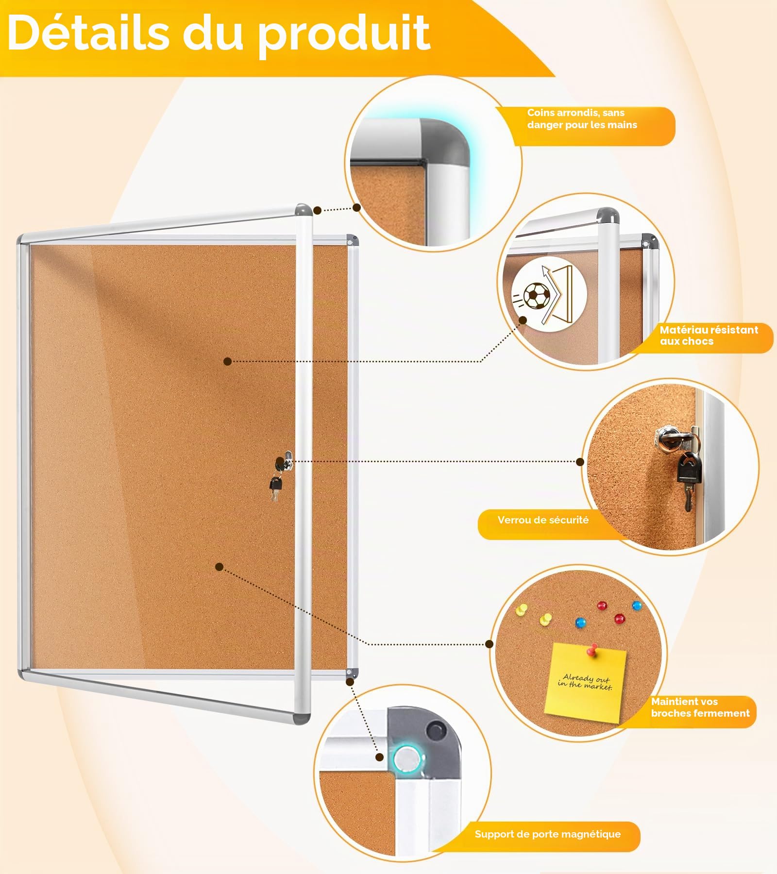 SWANCROWN Tableau d'affichage, 9 x A4, mural, Vitrine affichage, 98x72cm | Version évoluée, en liège, verrouillable, interieur, à 3 clés 36 punaises, cadre en aluminium argenté, idéal ecole restaurant