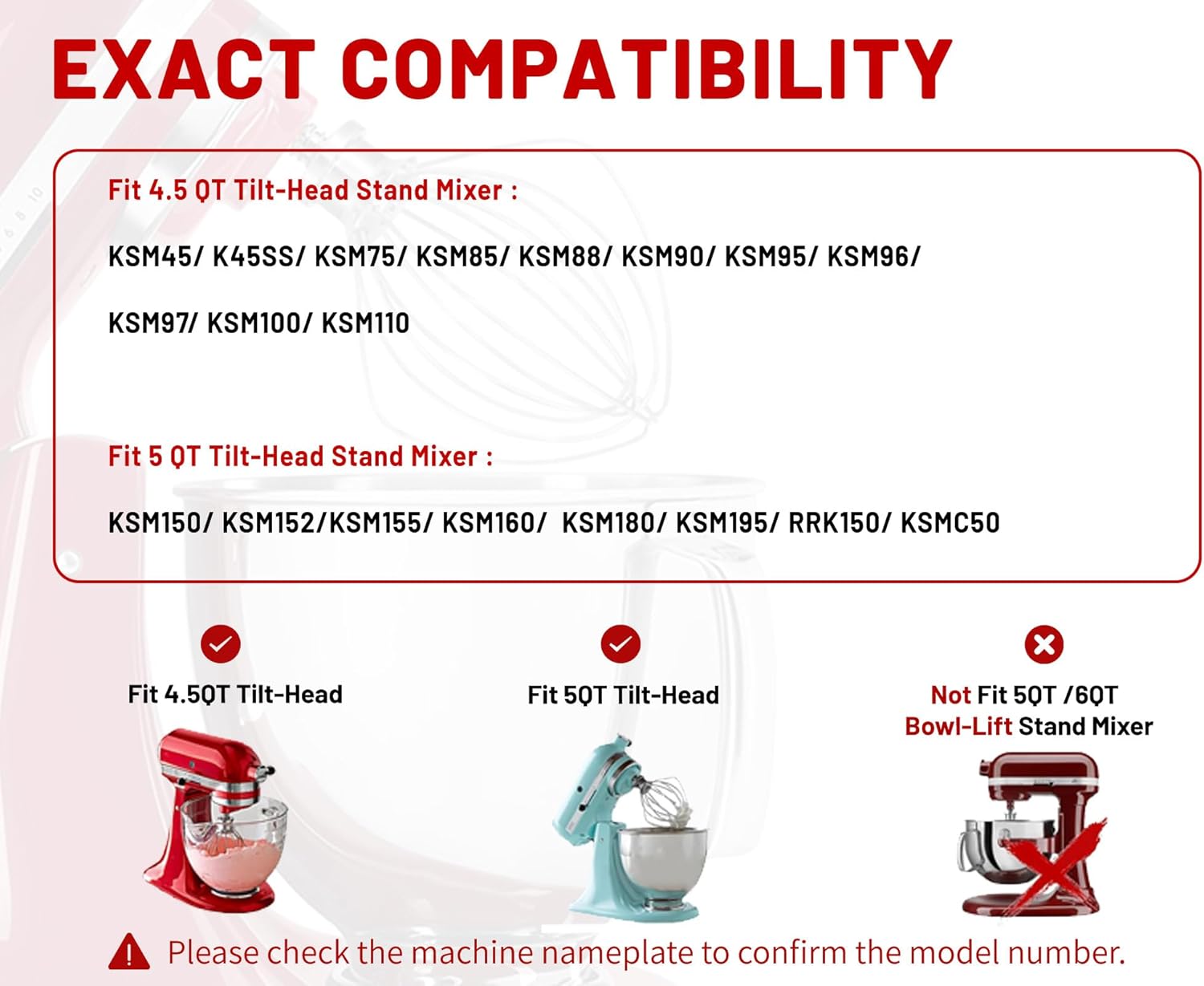 K45WW Dishwasher Safe Whisk 6-Wire Whip Attachment Fits 4.5 5 Quart KitchenAid Tilt-Head Stand Mixer, Stainless Steel Whisk Accessories for Kitchen Aid K45,K45SS,KSM75,KSM90,KSM110,KSM150