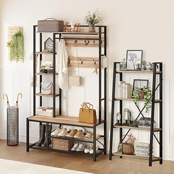BON AUGURE Farmhouse Hall Tree for Entryway, Mudroom Bench with Shoe Storage, Large Coat Rack Shoe Bench with Ladder Shelf Bookcase, 4 Tier Rustic Ladder BookshelfVintage Oak
