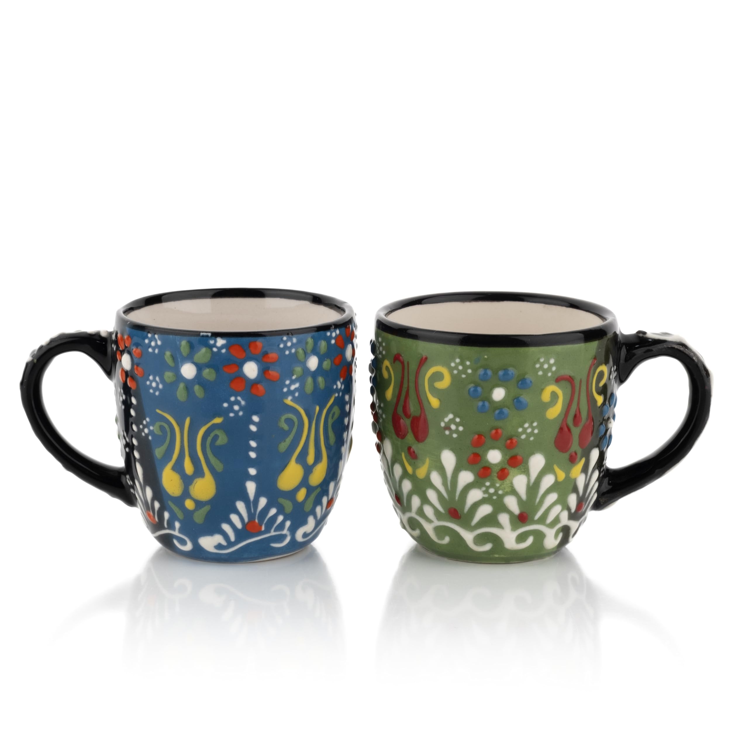 Espresso Cups Set of 2 | 4 oz Small Espresso Cups | Turkish Tea Cups | Demitasse Mugs with Handle | Modern Stackable Ceramic Espresso Mugs Set (Green/Blue)