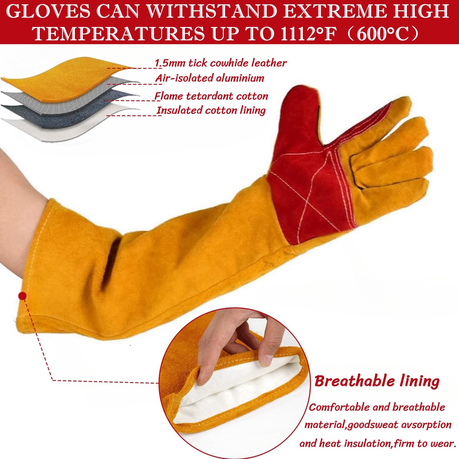 BLIRITEL Guantes de soldadura de manga larga de 23.6 pulgadas para hombre, resistentes al calor y al fuego, guantes de soldador de cuero para Mig, Tig, Stick, Forge, barbacoa, parrilla, chimenea