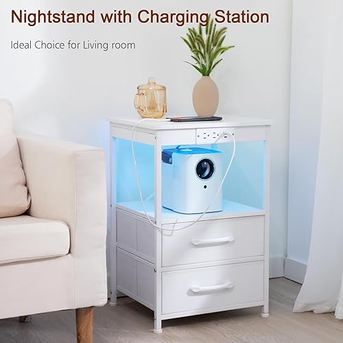 Miniatura 6 de LOAKEKEL Juego de 2 mesitas de noche blancas con estación de carga, mesas auxiliares LED con puerto USB C y tomas, mesita de noche con 2 cajones de