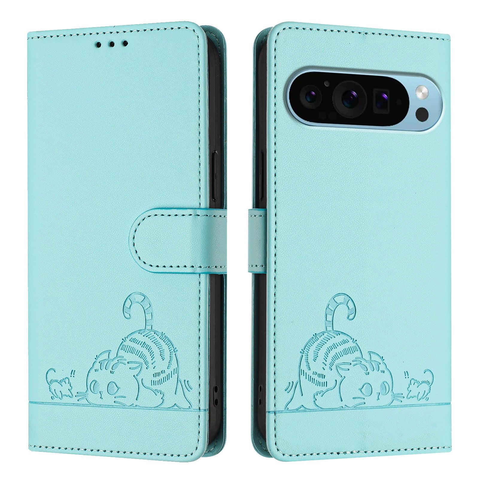 Leather Case for Google Pixel 9 Pro 5G Case with Cute Cat Card Slots Holder Kickstand Lanyard Magnetic Flip Shockproof Protective Shell Compatible