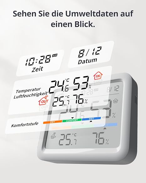 SwitchBot Hygrometer Indoor Thermometer Temperature Sensor with Date/Weather Forecast/Intelligent Warning Free Data Storage Export SwitchBot Hub and Outdoor Meter Required for Weather Station