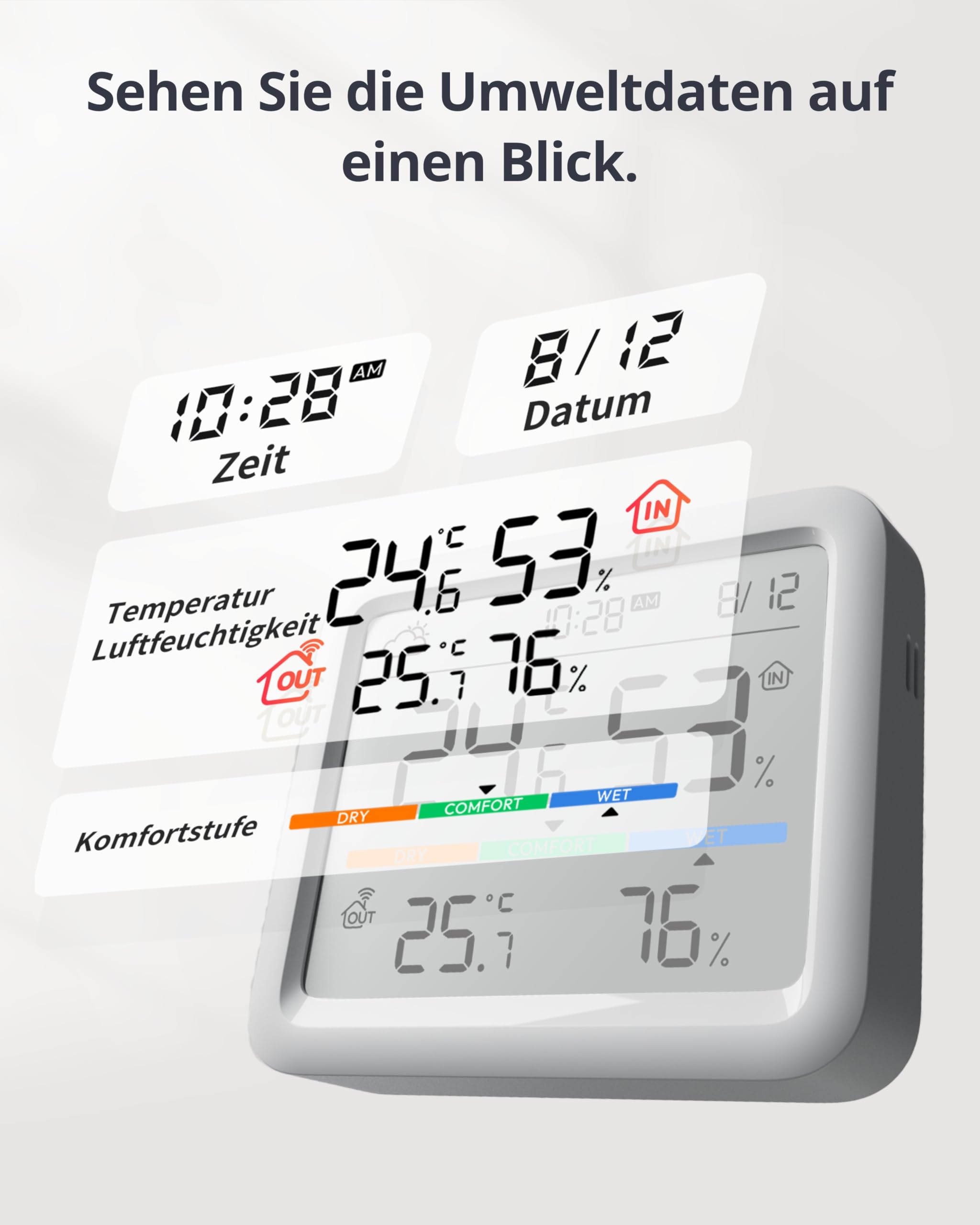SwitchBot Thermo-Hygrometer Set für Innen & Außen, Bluetooth Temperatur- & Luftfeuchtigkeitssensoren mit Datenspeicherung, Taupunkt, VPD & Absolute Feuchtigkeit