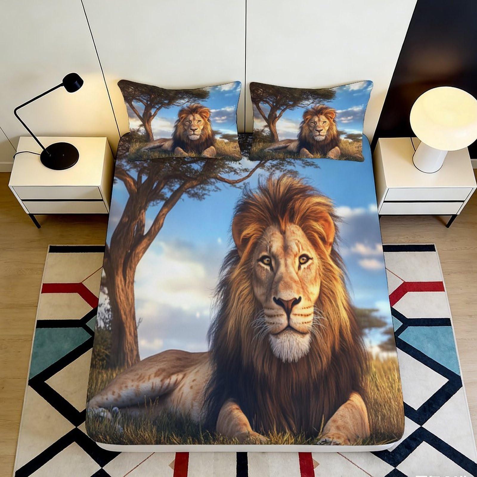 3D Printed Lion Savanna Fitted Sheet Microfiber Soft Breathable Wildlife Bed Cover for Bedroom Guest Room Decor 90x200x25cm