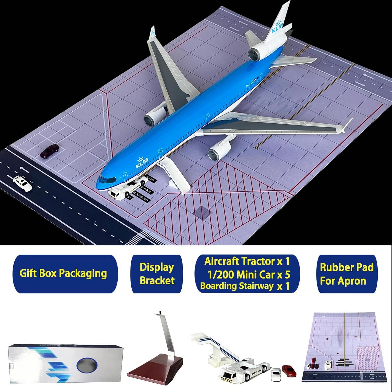 MD-11 Model Airplane 18.9 Inches Long 1/130 Scale MD-11 Aircraft with LED Lights and Airport Scene Accessories Ideal Display and Gift