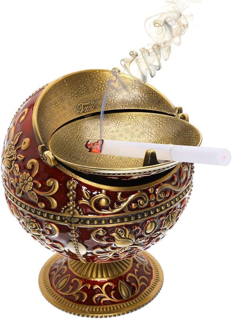 Vintage Windproof Ashtray with Lid for Cigarettes & Cigars - Metal Portable Odor Eliminator for Indoors & Outdoors - Hand Stamped Nice Gift for Men & Women - LAUYOO (Dark Red with Bronze Rose)