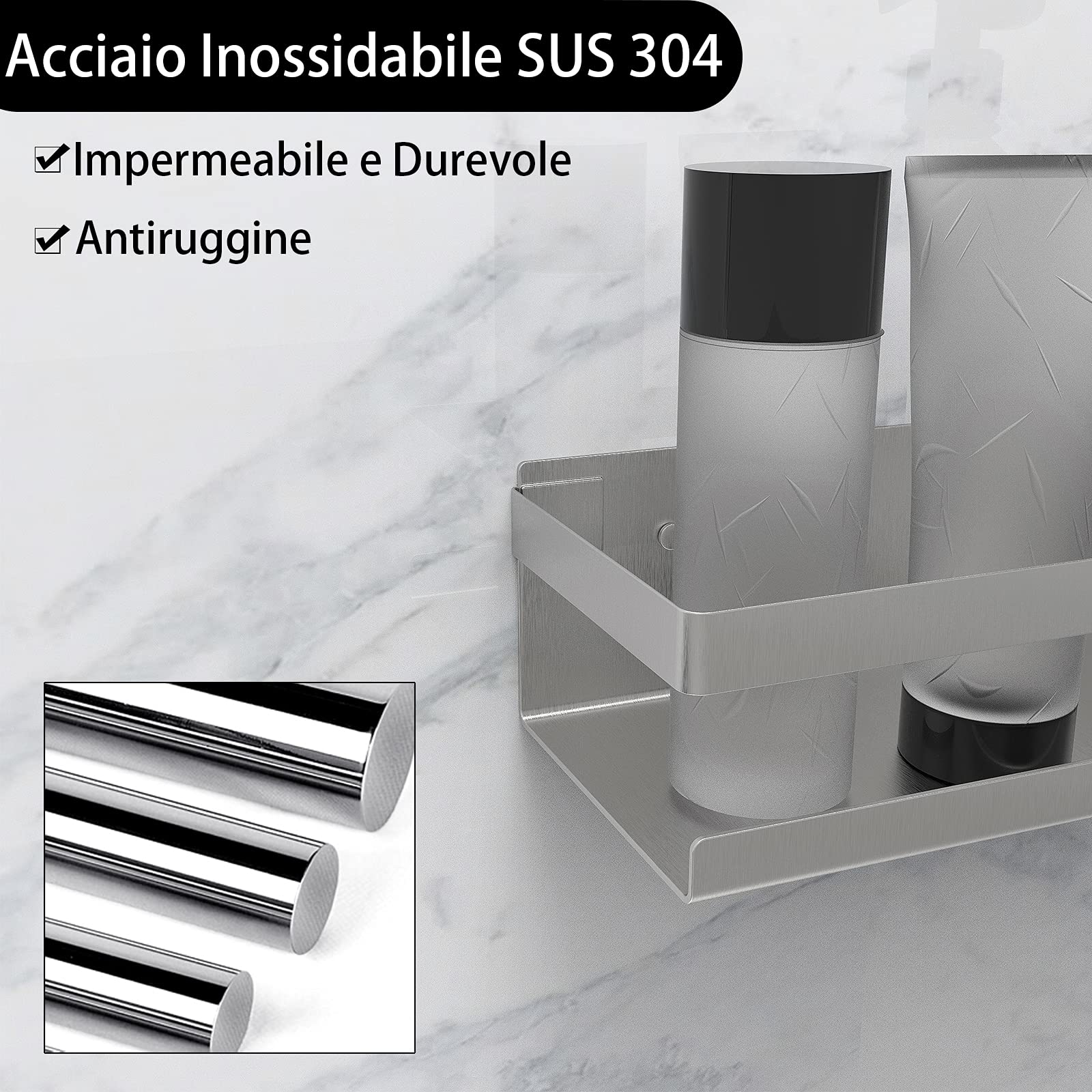Mensola Doccia Inox SUS 304 30 cm Acciaio Inossidabile Autoadesivo Senza Foratura Spazzolato