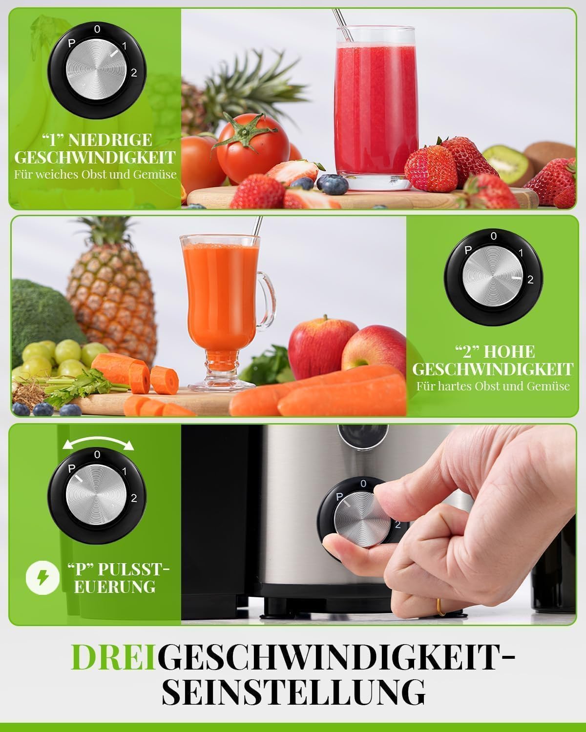 GDOR 800W Entsafter Juicer Machine aus Edelstahl 76mm Großem Mund Entsafter Gemüse und Obst 3 Geschwindigkeitsstufen Juicer Schnelles Entsaften Leicht zu Reinigen Zentrifugaler mit Bürste BPA-frei