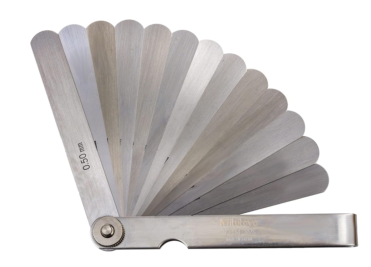 Mitutoyo 184-307S Thickness Feeler Gage Set, 0.03-0.5 mm Range, 13 Straight Leaves, 100 mm Length, 13 mm Width, Marked Thickness, Knurled Locking Nut, Steel Protective Case