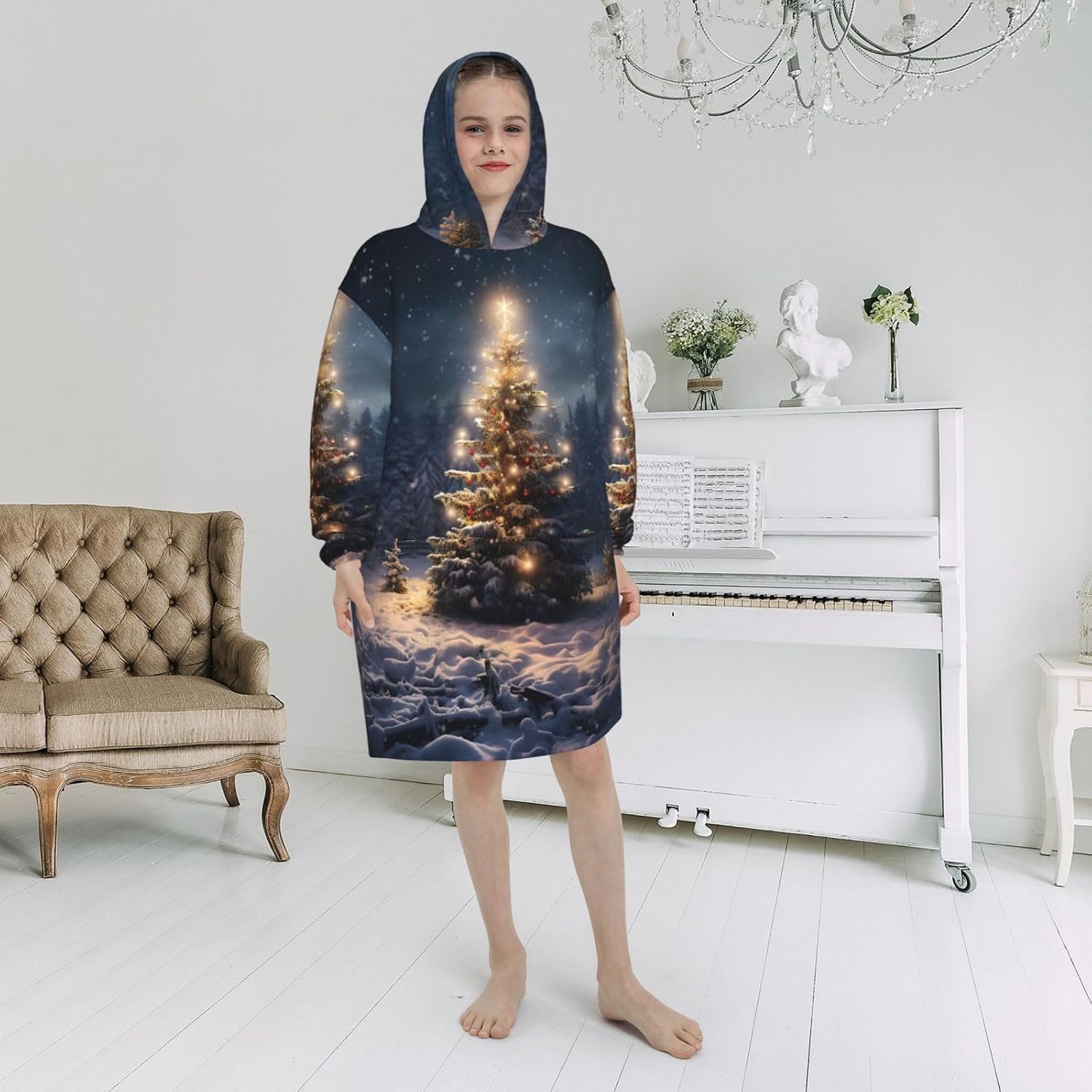 Christmas Tree Snow Print Oversized Blanket Hoodie, Wearable Blanket Hooded,Hooded Pullover With Pocket