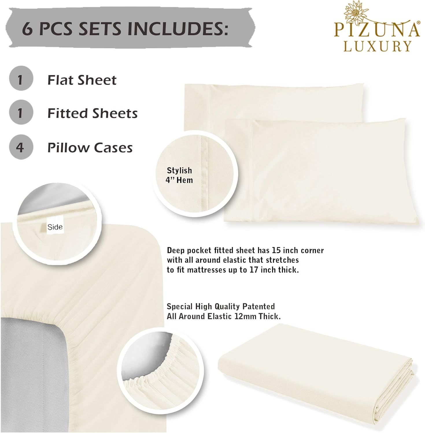 Pizuna Pure 100% Cotton Sheets 6pc King Size, 800 Thread Count Long Staple Cotton Crisp Sateen Sheets 6pc King with 15inch Deep Pocket (Combed New Ivory Cotton Sheets 6pc King)