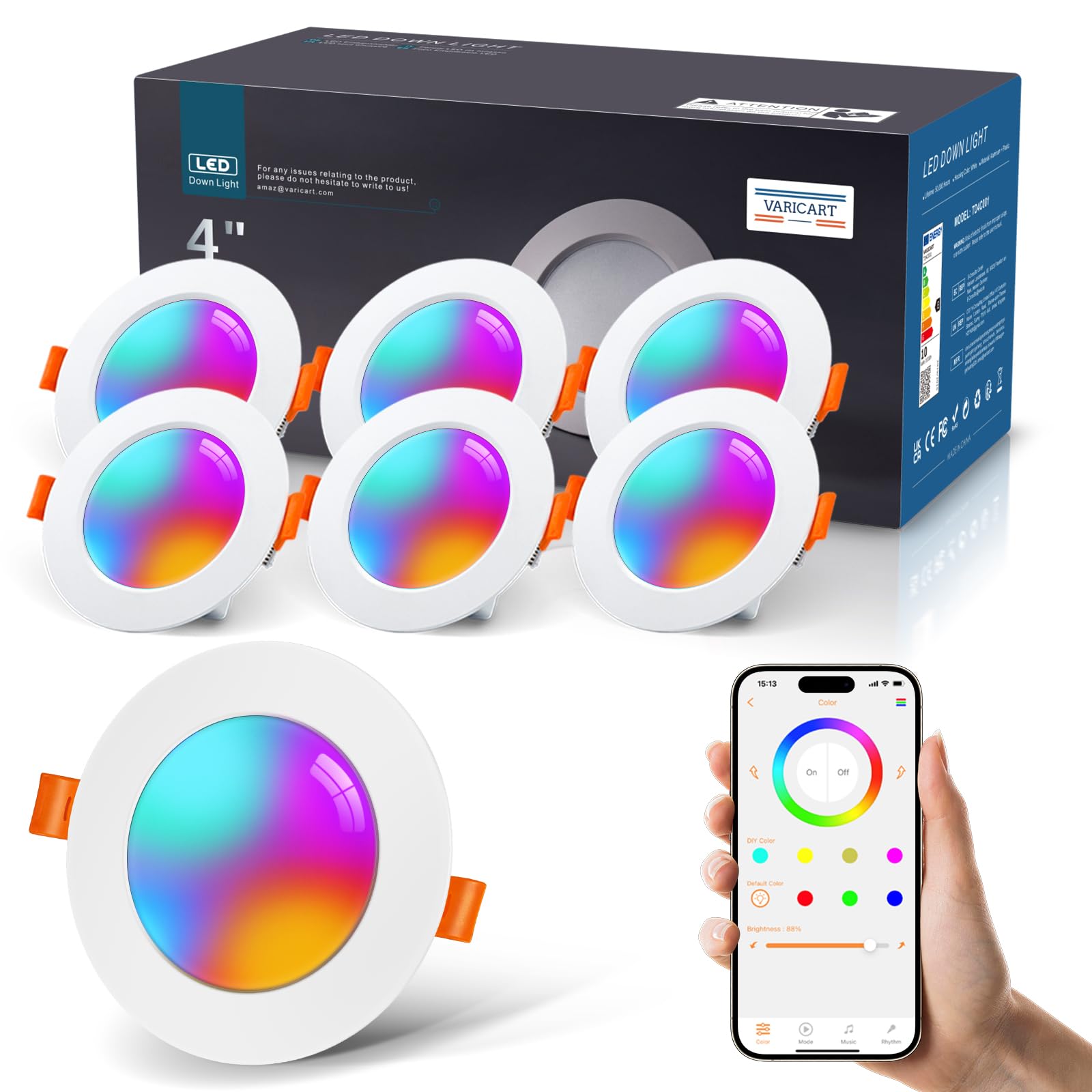 VARICART VARICART Smart LED Downlights for Ceiling Alexa, 10W Bluetooth RGB Colour Changing Spot Lights 2700K-6000K, Dimmable Recessed Ceiling Lights, APP Control for Living Room Bedroom Kitchen, 6 Pcs