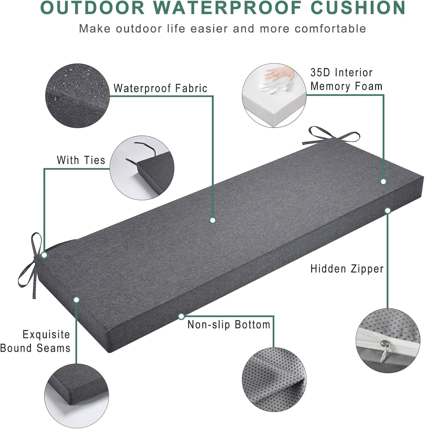 Custom Outdoor Bench Cushion, Waterproof Patio Furniture Cushions, Non Slip Couch Swing Pad Indoor Window Seat Cushion (Color : Dark Gray, Size : Custom Size)