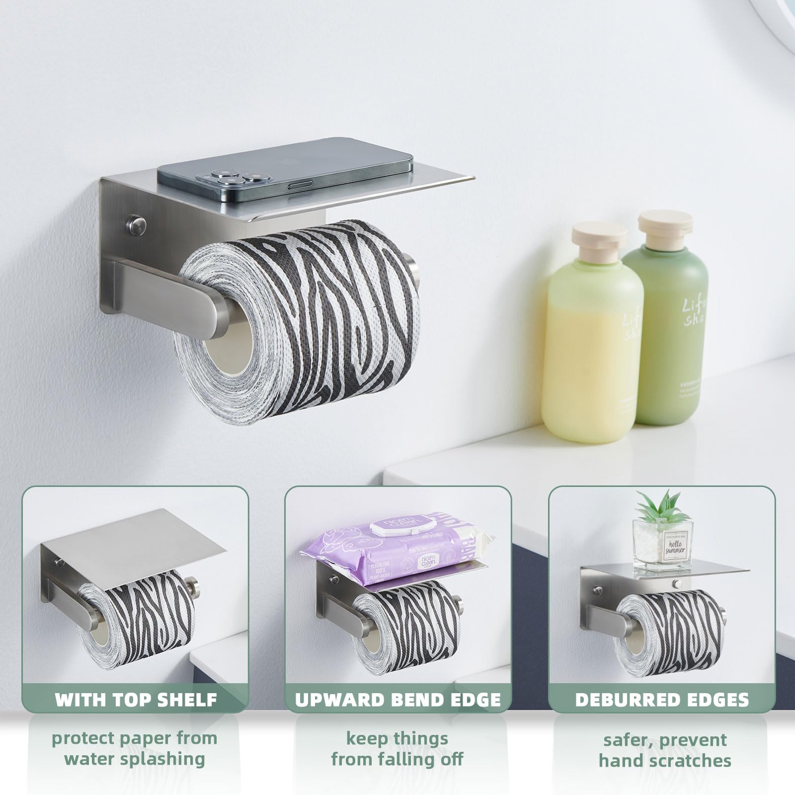 Soporte de papel higiénico de níquel cepillado, soporte de rollo de papel higiénico de acero inoxidable SUS 304 con estante, montado en la pared 7