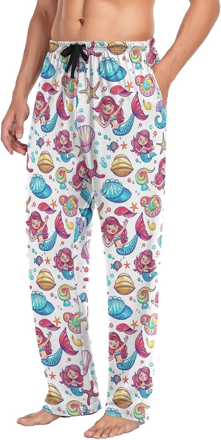 ALAZA Mermaid Shell Starfish Men's Sleepwear Mens Pajama Pants Bottoms with Pockets, S