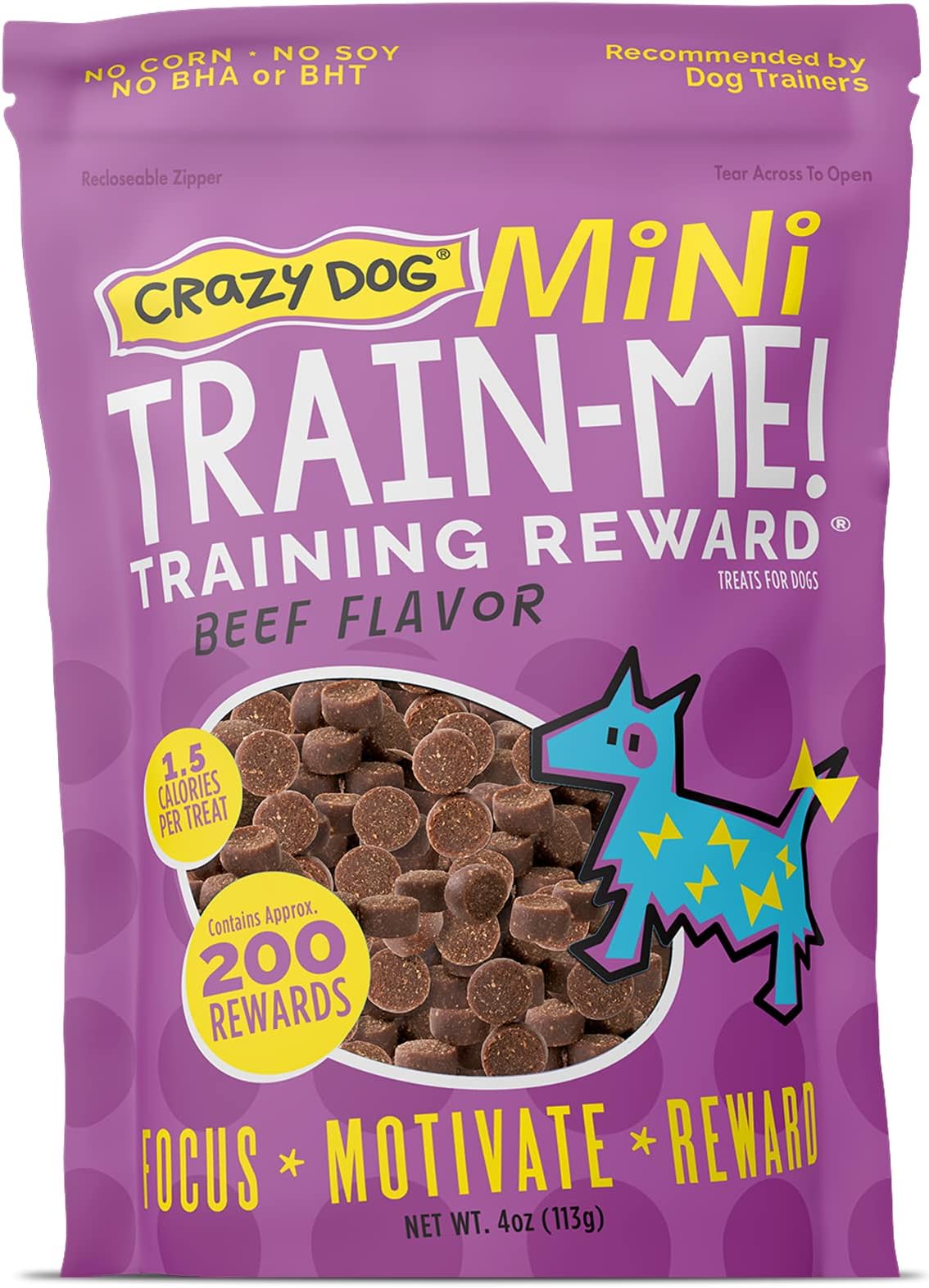 Crazy Dog Mini Train-Me! Training Treats 4 oz. Bag, Beef Flavor, with 200 Treats per Bag, Recommended by Dog Trainers