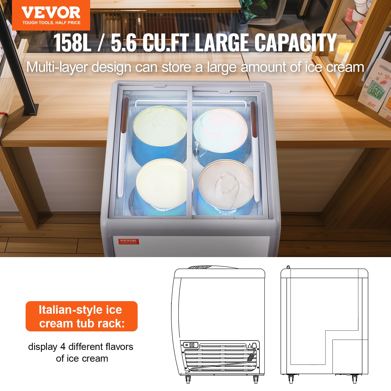 VEVOR Vetrina per Gelato Commerciale 665 x 715 x 890 mm Congelatore Mobile 158 L Vetrina per Gelateria con Piano Vetro, 4 Grandi Contenitori, 2 Porte Scorrevoli in Vetro, Ruote di Bloccaggio, Bianco