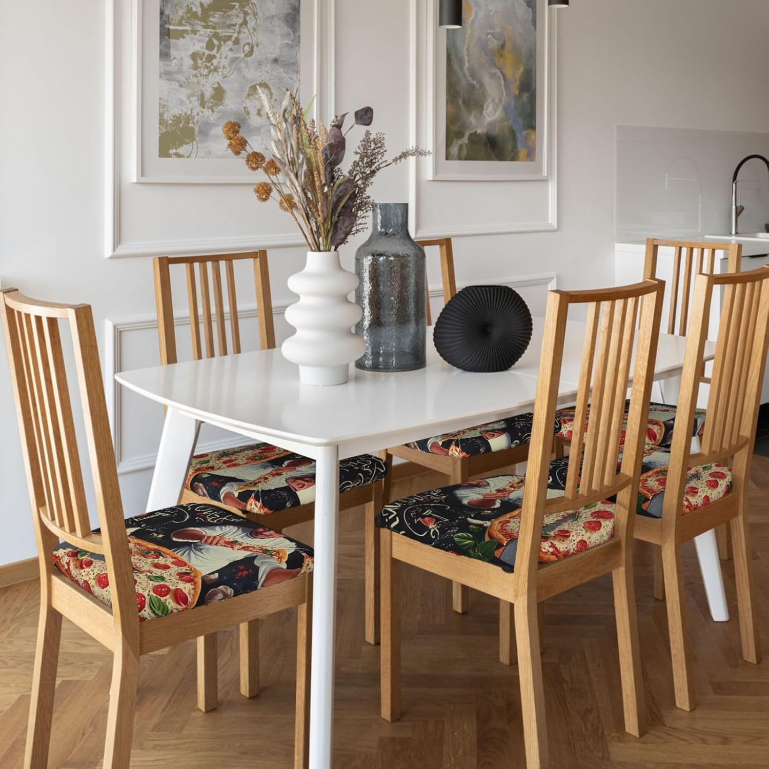 Chef Pizza Print Square Cushion Covers 6 Pcs Set Elastic Non-Slip Seat Cushion Slipcovers Pet Furniture Protectors for Chair, Sofa