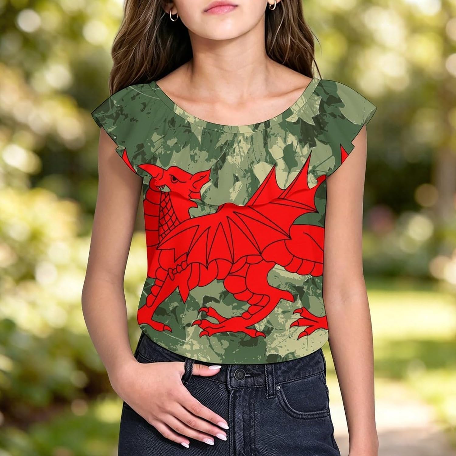 Wales Welsh Red Dragon Camouflage Leaves Girls T-Shirts Top Ruffle Short Sleeve Blouse Casual Graphic Tees