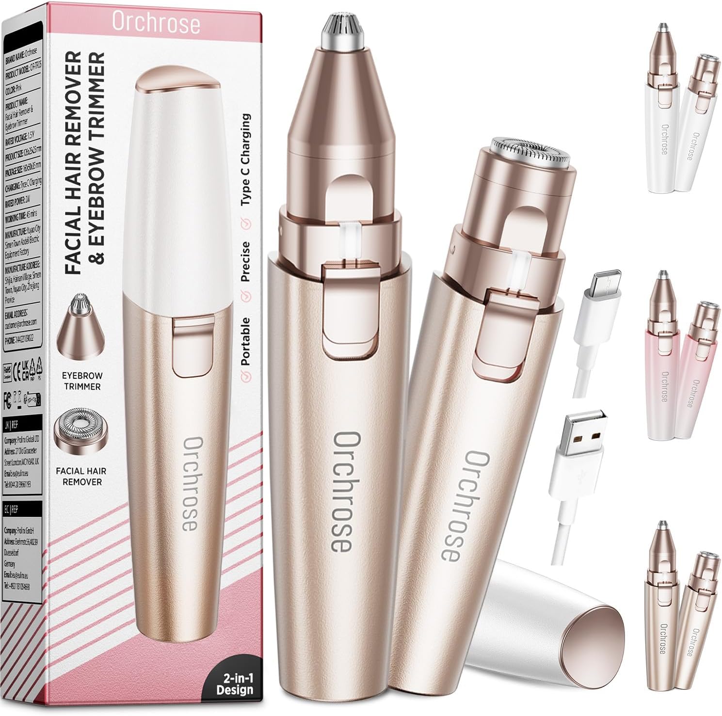 Rechargeable Facial Hair Remover for Women: 2-in-1 Device for Shaping Eyebrows and Removing Face Peach Fuzz(Rose Gold)
