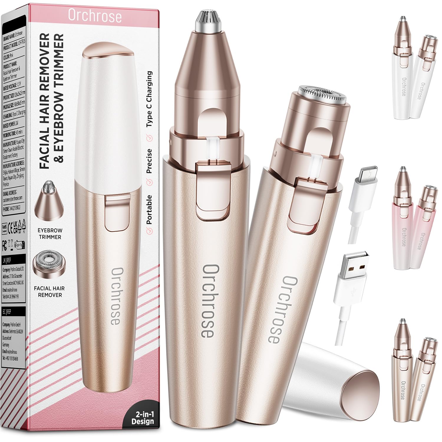 Rechargeable Facial Hair Remover for Women: 2-in-1 Device for Shaping Eyebrows and Removing Face Peach Fuzz(Rose Gold)