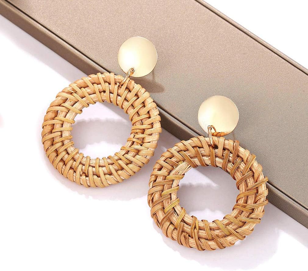 Lightweight Rattan Statement Earrings for Women,Geometric Tassel Woven Boho Earrings Handmade Straw Wicker Braid Hoop Drop Dangle Earrings - Image 6