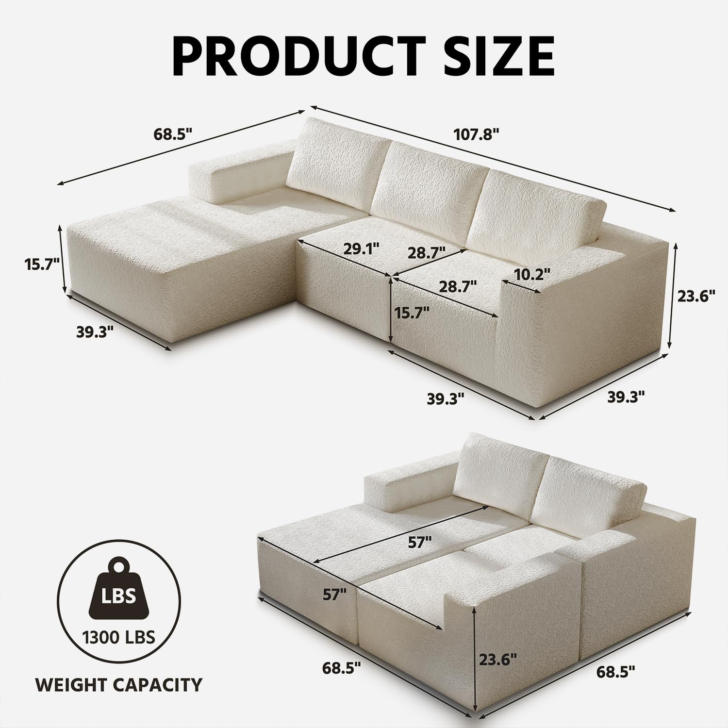 Sofá modular Cloud de 108 pulgadas con diván en forma de L, moderno sofá modular con asiento profundo, sofás de tela de punto ultra suave para sala de estar, no requiere montaje, diván orientado a la 2