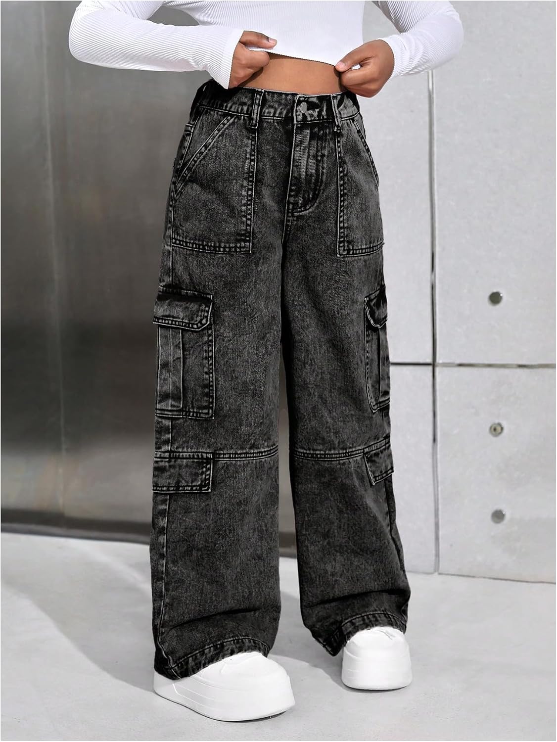 GORGLITTER Girl's Baggy Cargo Jeans High Elastic Waisted Denim Cargo Pants Y2K Boyfriend Skater Trousers Streetwear
