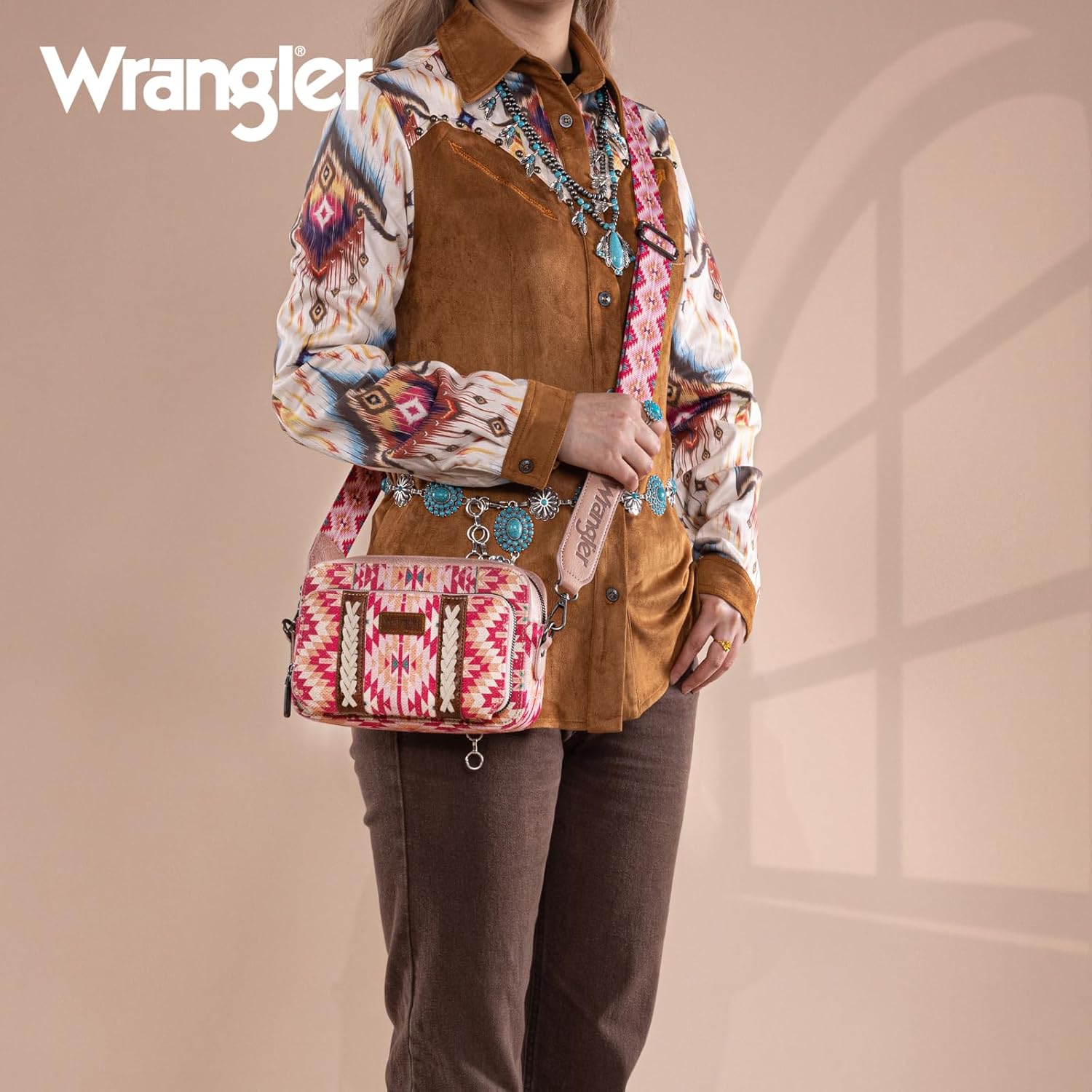 Wrangler Crossbody Bag for Women Boho Aztec Small Multi Pocket Crossover Purse - Image 2