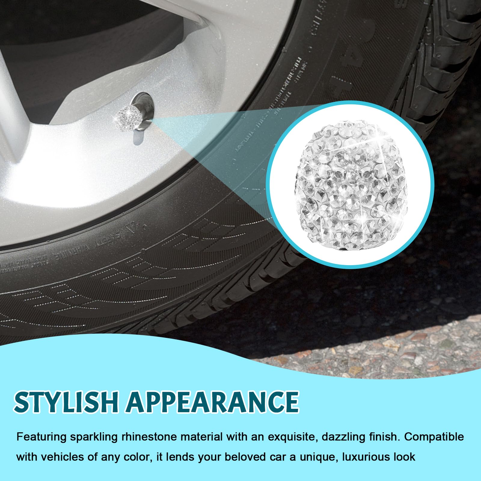 4Stück Ventilkappen Auto,Universelle Kristall Diamant Glitzer Strass Reifenventilkappen,Strass Ventilkappen Fahrrad,Ventilschaftdekoration für Autos,Kfz-Reifenventilstecker mit Strasssteinen (Weiß) - 3