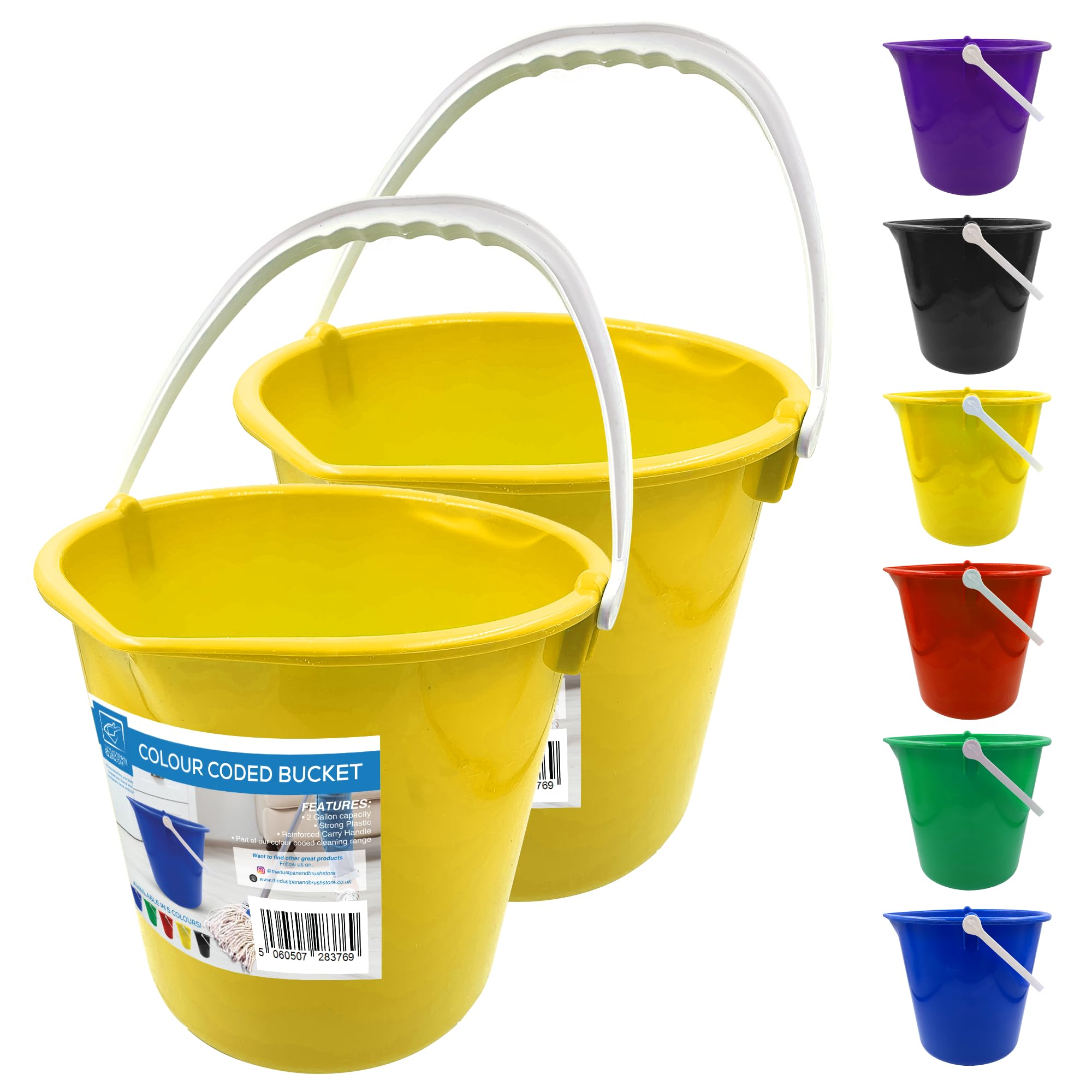 Colour Coded Plastic Bucket with Handle, 2 Gallon (7.5L) Household Heavy Duty Bucket with Spout and Easy-Grip Handle, Multipurpose Water Pail for Cleaning, Bath, and Gardening (Yellow Pack of 2)