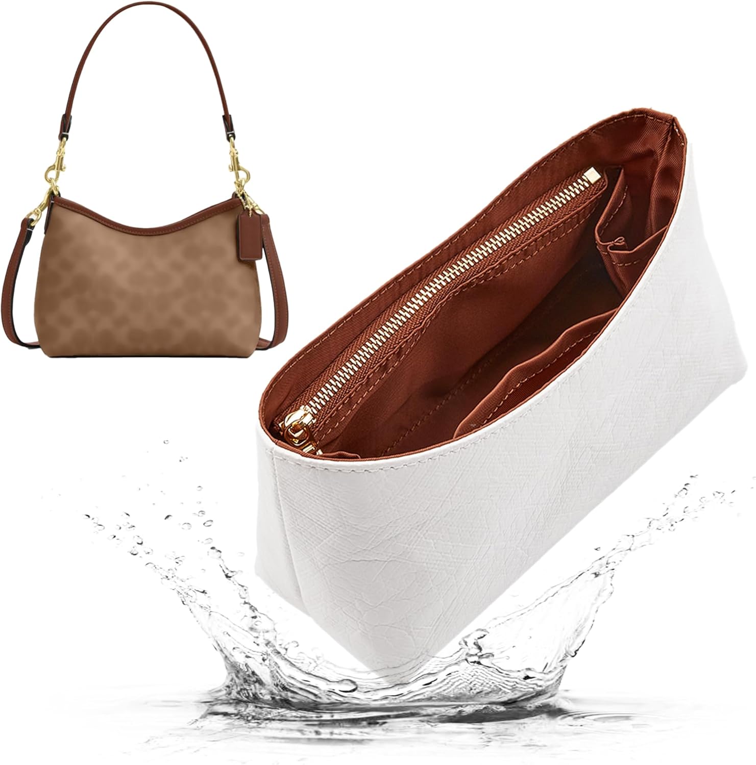 Purse Organizer Insert for Coach Laurel Small Shoulder Bag, Lightweight Water Resistant Bag Organizer with Zipper Pocket, Premium Divider Shaper for Women Tote Handbag, Laurel 19, White-Brown