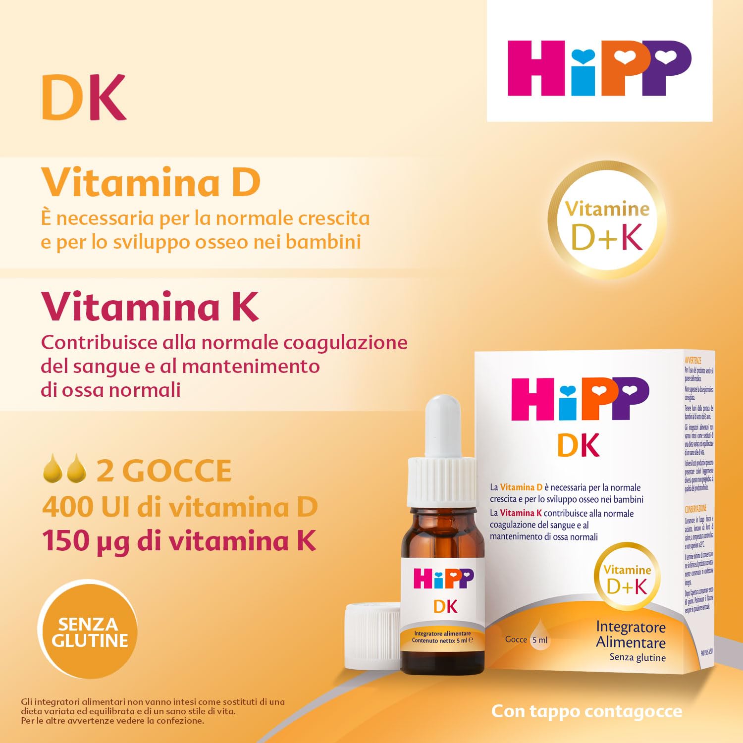 HiPP - HiPP DK, Integratore Alimentare, Bambini, Vitamina D, Vitamina K, Sviluppo Osseo Bambini, con Pratica Pipetta Contagocce, 5ml