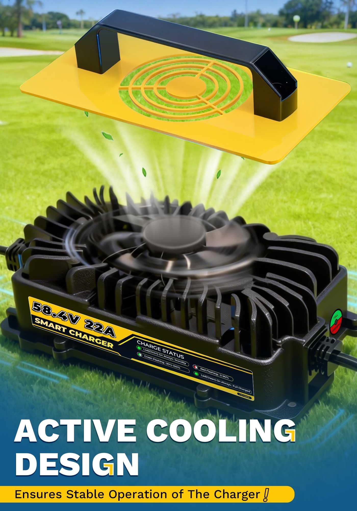 Caricabatterie Litio 58,4V 22A per Batterie LiFePO4 da 48V/51,2V, Impermeabile IP67 con Ventola di Raffreddamento, Adatto per Golf Cart, Barca, Camper, Solare